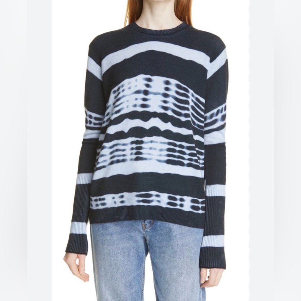 La Ligne cashmere sweater in navy blue, light blue tie-dye design, long sleeve L
